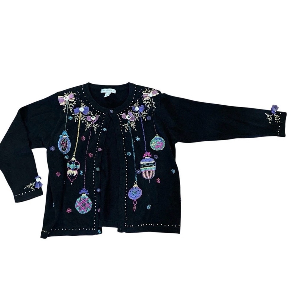 Vintage Y2K Arriviste Beaded Holiday Ornament Cardigan Large Pink Purple
